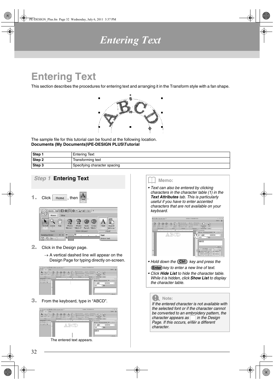 Entering text | Brother PE-DESIGN PLUS User Manual | Page 34 / 80