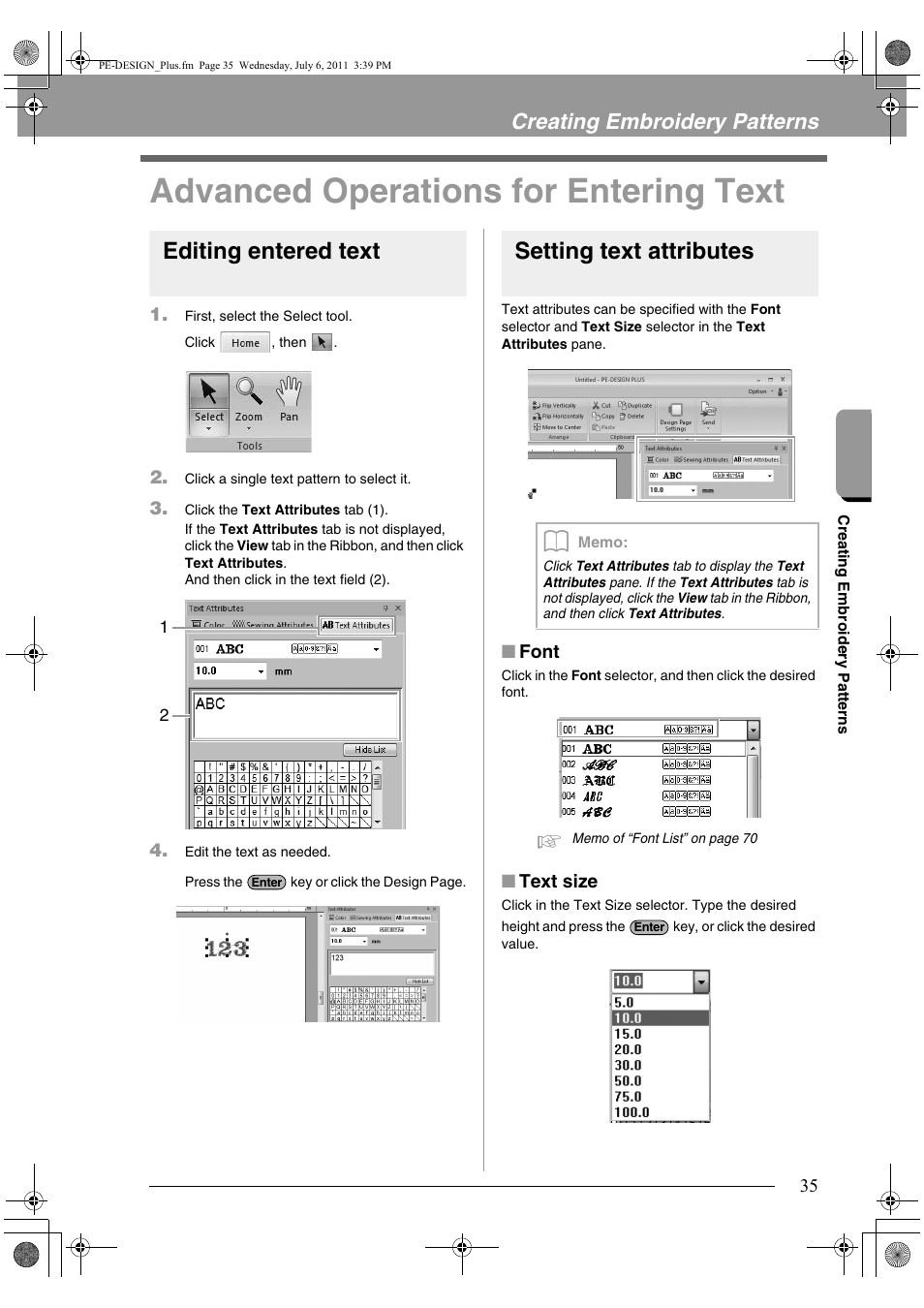 Advanced operations for entering text, Editing entered text, Setting text attributes | Creating embroidery patterns | Brother PE-DESIGN PLUS User Manual | Page 37 / 80
