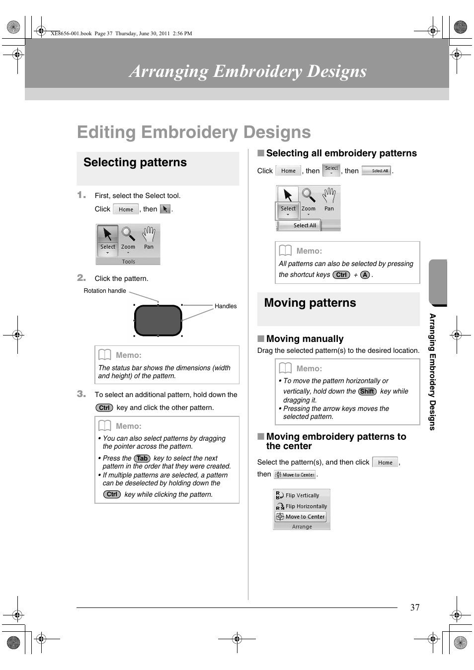 Arranging embroidery designs, Editing embroidery designs, Selecting patterns | Moving patterns | Brother PE-DESIGN PLUS User Manual | Page 39 / 80