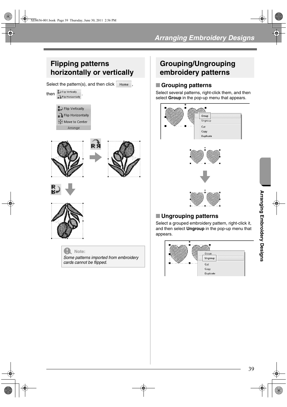 Flipping patterns horizontally or vertically, Grouping/ungrouping embroidery patterns, Arranging embroidery designs | Brother PE-DESIGN PLUS User Manual | Page 41 / 80