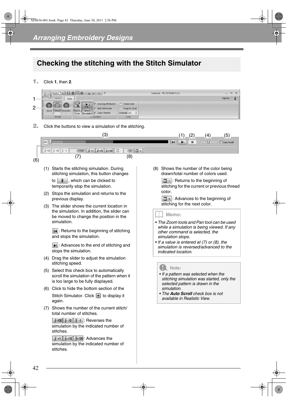 Checking the stitching with the stitch simulator, Arranging embroidery designs | Brother PE-DESIGN PLUS User Manual | Page 44 / 80