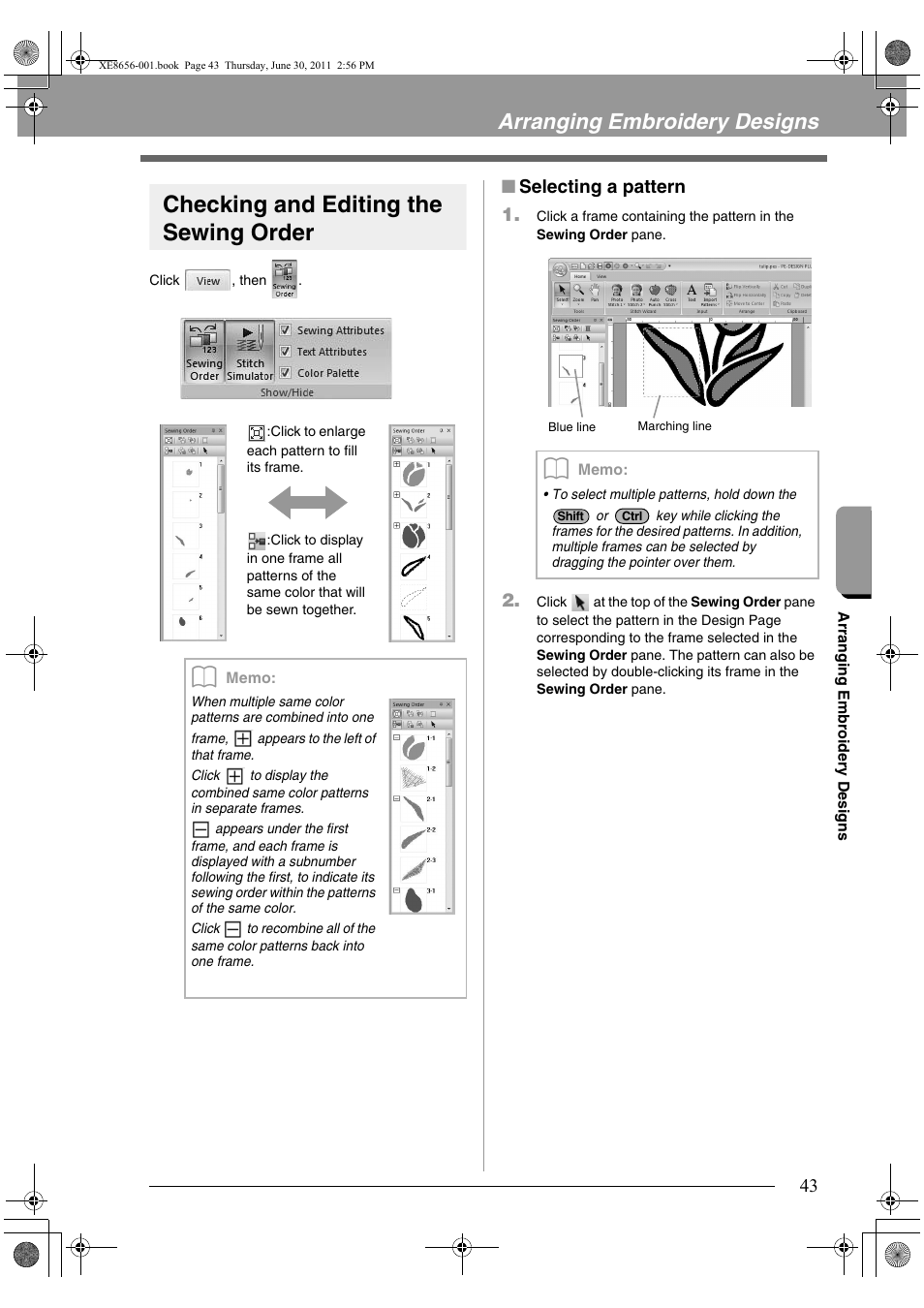 Checking and editing the sewing order, Arranging embroidery designs, Selecting a pattern 1 | Brother PE-DESIGN PLUS User Manual | Page 45 / 80