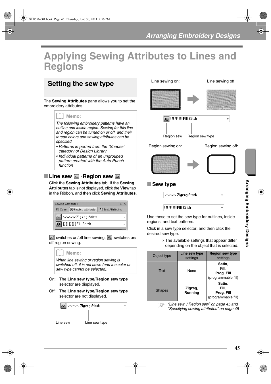 Applying sewing attributes to lines and regions, Setting the sew type, Arranging embroidery designs | Line sew, Region sew, Sew type | Brother PE-DESIGN PLUS User Manual | Page 47 / 80