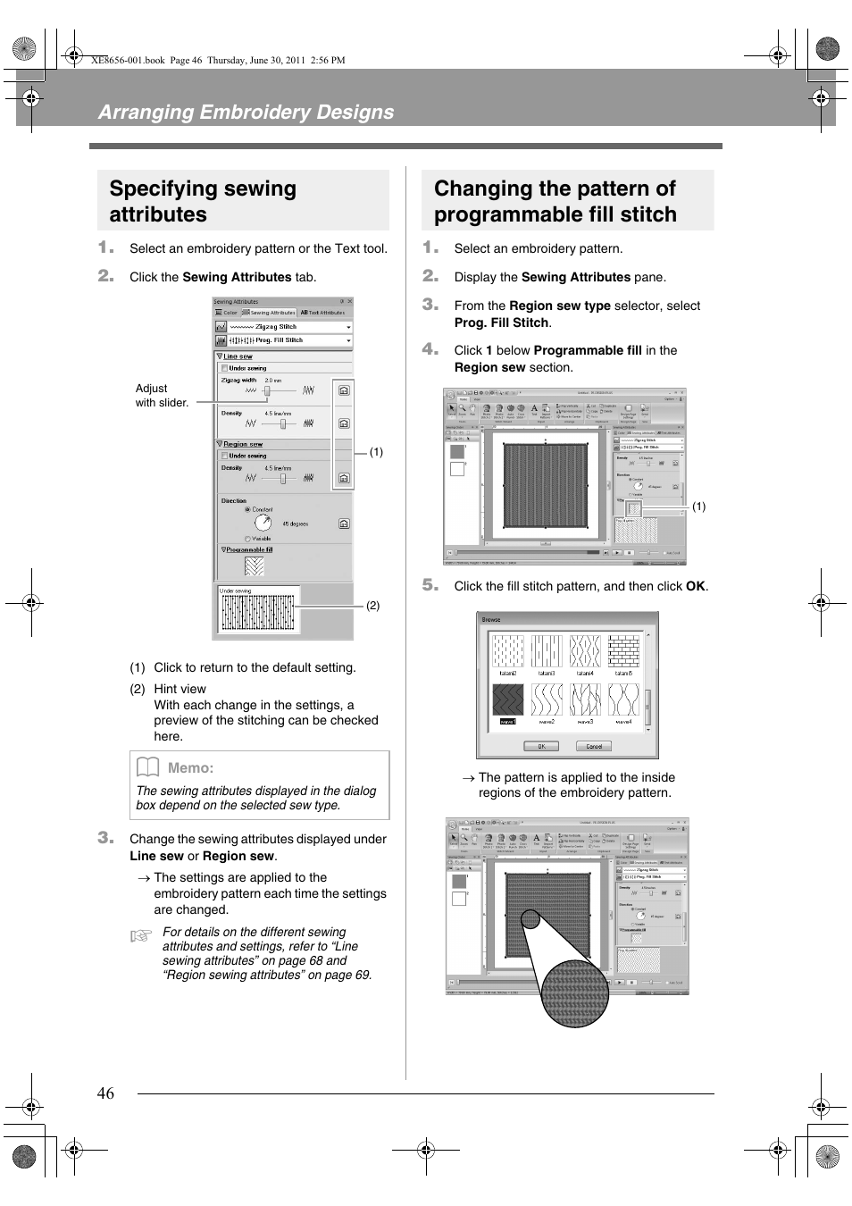 Specifying sewing attributes, Changing the pattern of programmable fill stitch, Arranging embroidery designs | Brother PE-DESIGN PLUS User Manual | Page 48 / 80