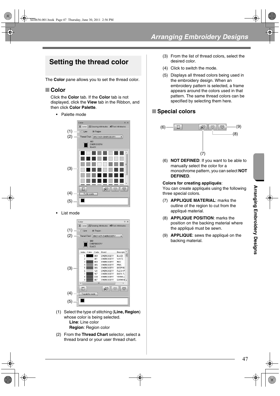 Setting the thread color, Arranging embroidery designs, Color | Special colors | Brother PE-DESIGN PLUS User Manual | Page 49 / 80