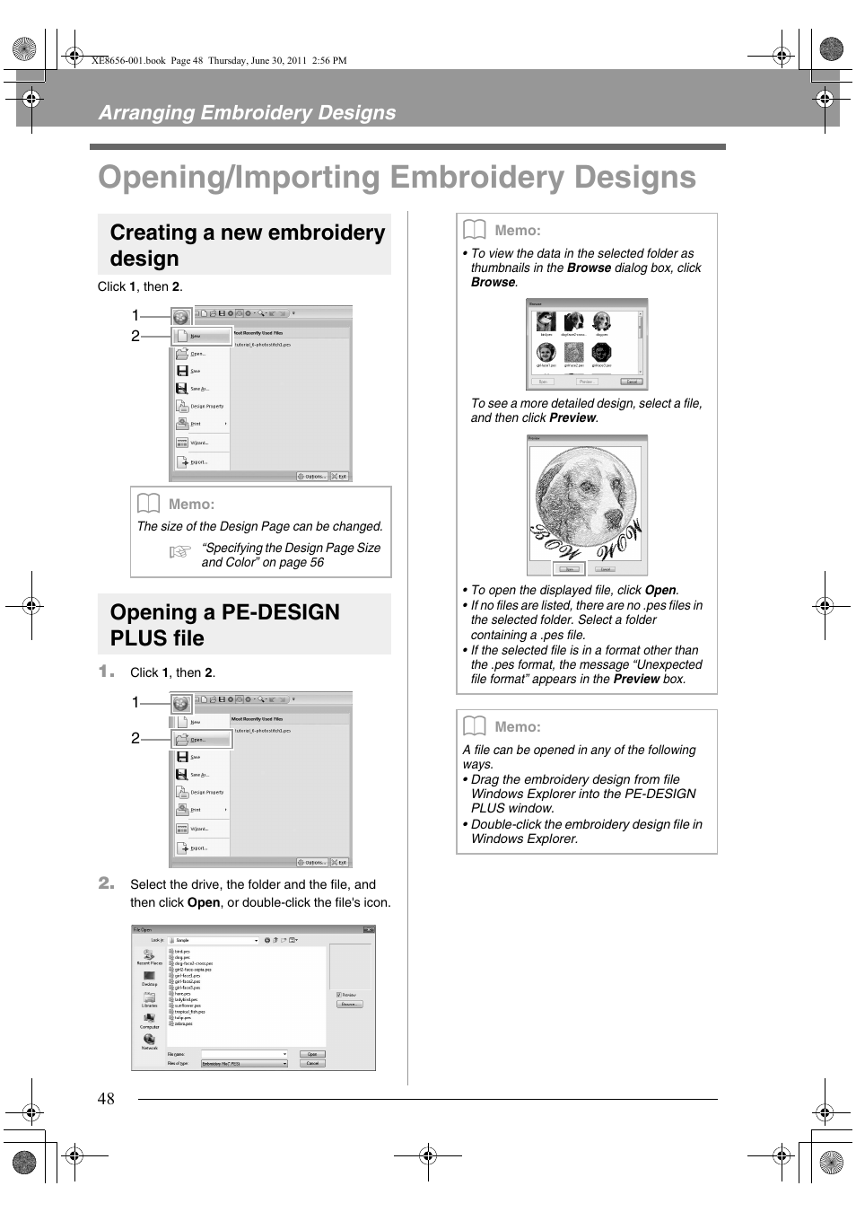 Opening/importing embroidery designs, Creating a new embroidery design, Opening a pe-design plus file | Arranging embroidery designs | Brother PE-DESIGN PLUS User Manual | Page 50 / 80