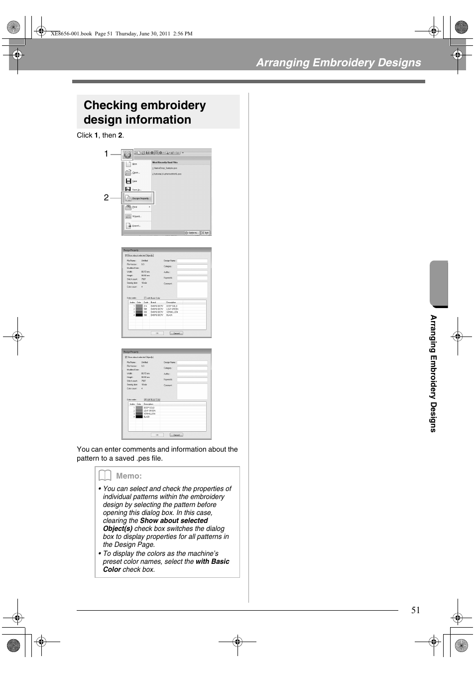 Checking embroidery design information, Arranging embroidery designs | Brother PE-DESIGN PLUS User Manual | Page 53 / 80