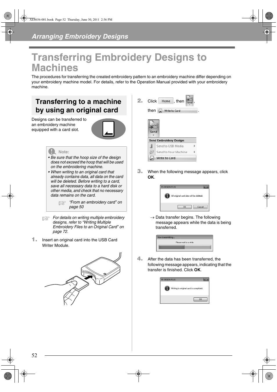 Transferring embroidery designs to machines, Arranging embroidery designs | Brother PE-DESIGN PLUS User Manual | Page 54 / 80