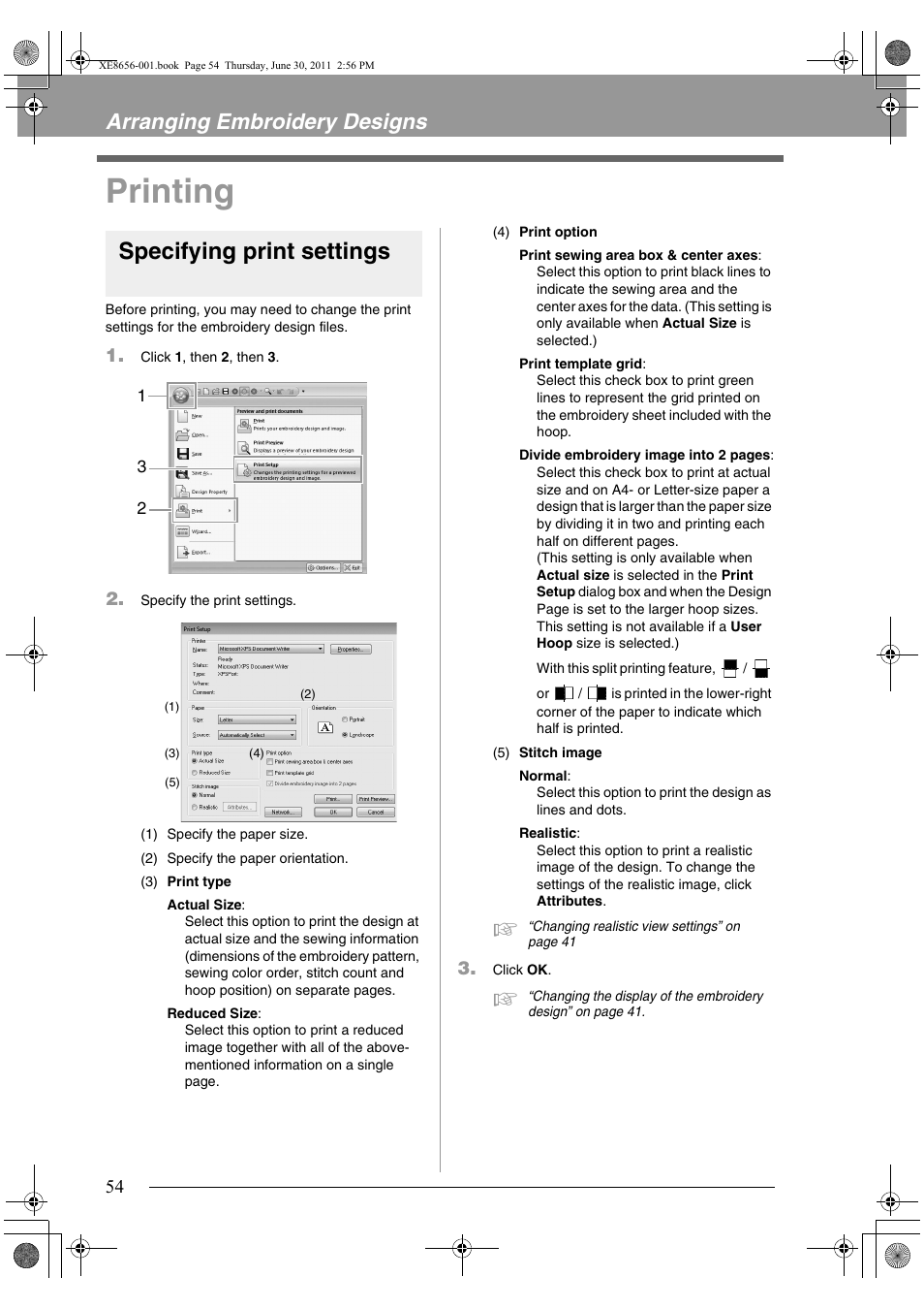 Printing, Specifying print settings, Arranging embroidery designs | Brother PE-DESIGN PLUS User Manual | Page 56 / 80