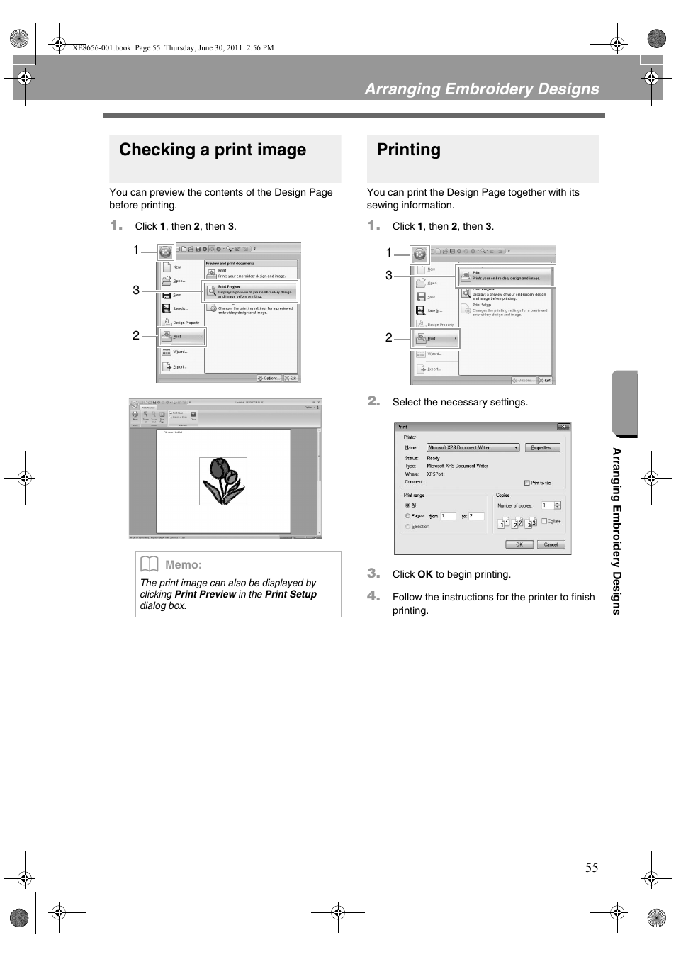Checking a print image, Printing, Arranging embroidery designs | Brother PE-DESIGN PLUS User Manual | Page 57 / 80
