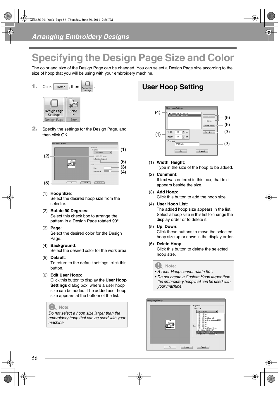 Specifying the design page size and color, User hoop setting, Arranging embroidery designs | Brother PE-DESIGN PLUS User Manual | Page 58 / 80
