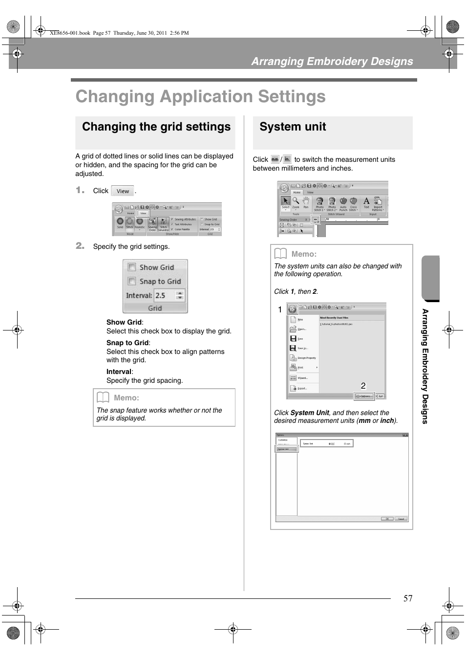 Changing application settings, Changing the grid settings, System unit | Arranging embroidery designs | Brother PE-DESIGN PLUS User Manual | Page 59 / 80