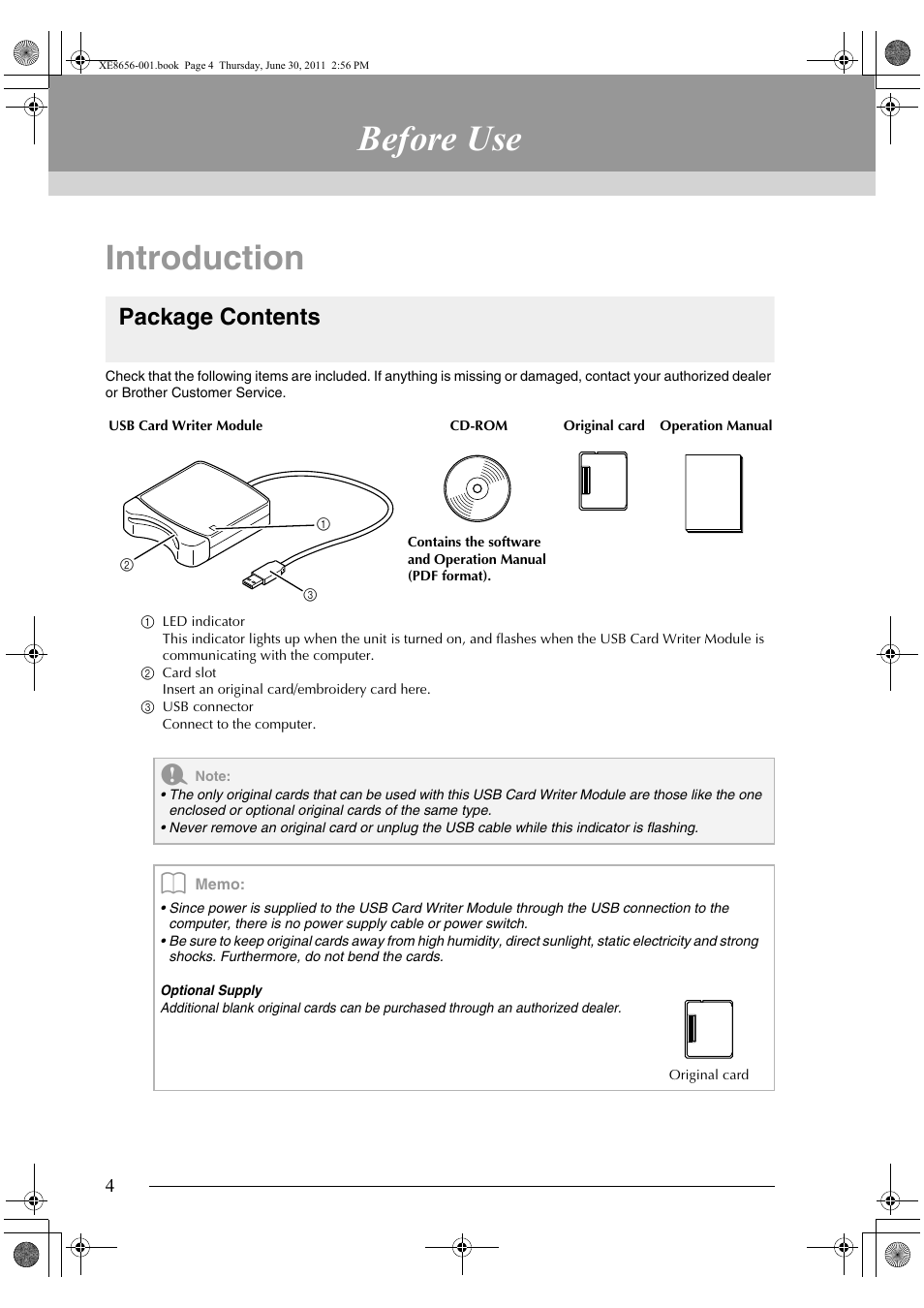 Before use, Introduction, Package contents | Brother PE-DESIGN PLUS User Manual | Page 6 / 80