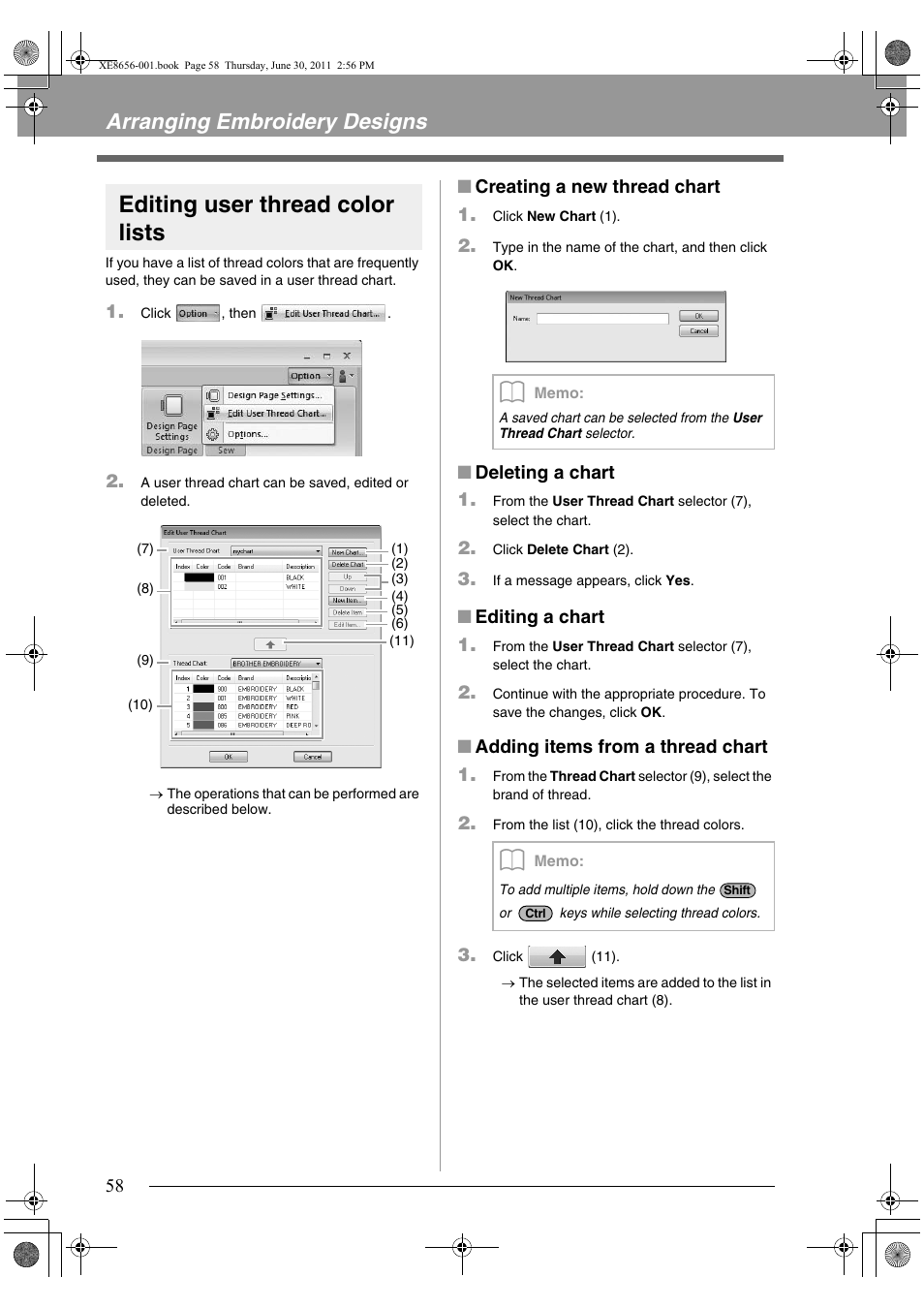 Editing user thread color lists, Arranging embroidery designs | Brother PE-DESIGN PLUS User Manual | Page 60 / 80