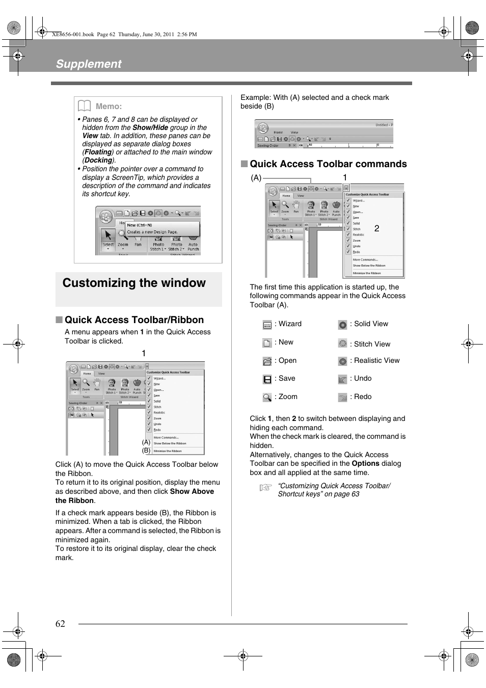 Customizing the window, Supplement | Brother PE-DESIGN PLUS User Manual | Page 64 / 80
