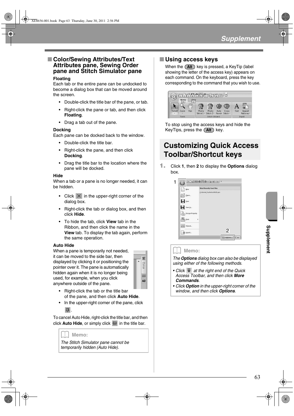 Customizing quick access toolbar/shortcut keys, Supplement, Using access keys | Brother PE-DESIGN PLUS User Manual | Page 65 / 80