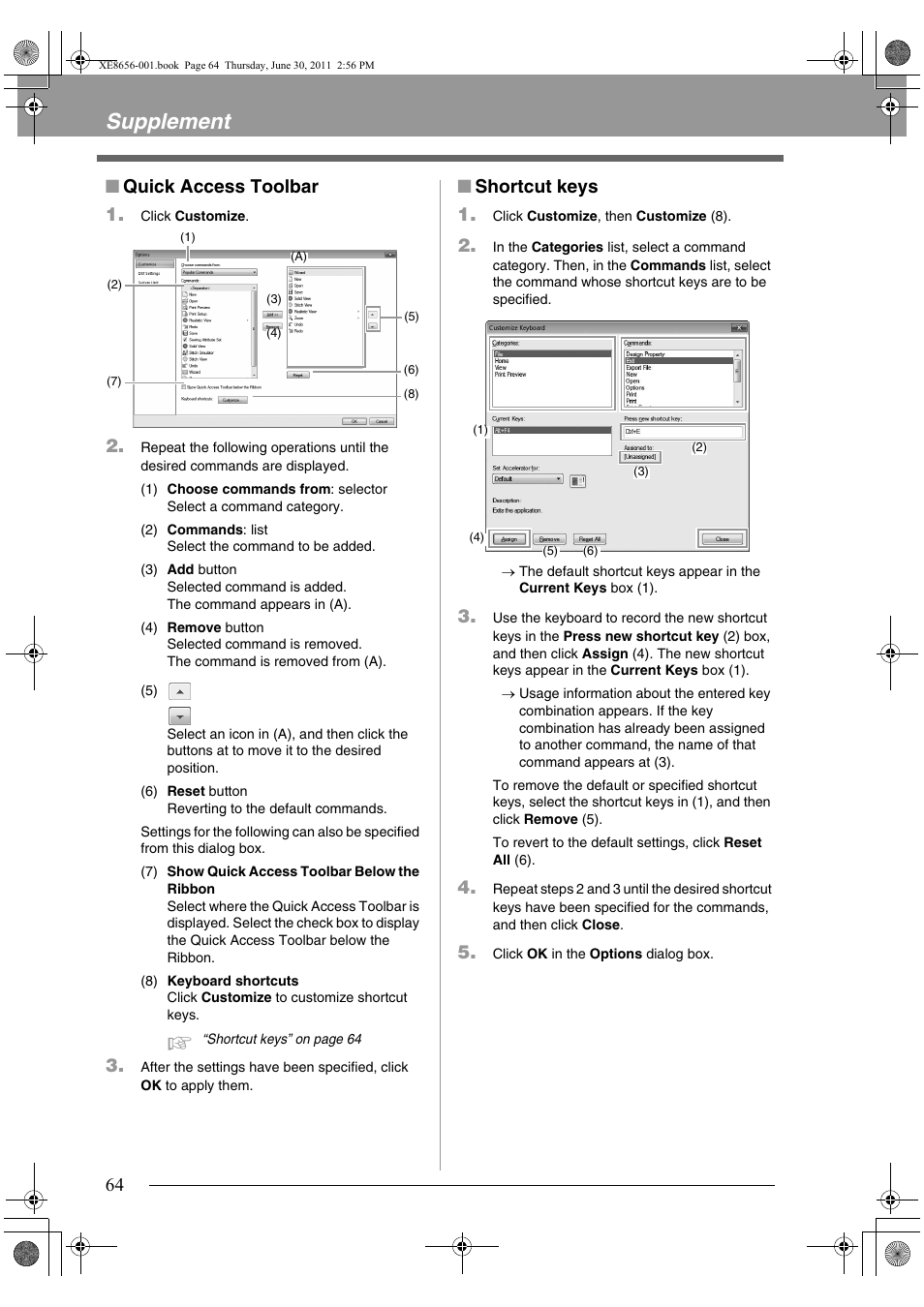 Supplement, Quick access toolbar 1, Shortcut keys 1 | Brother PE-DESIGN PLUS User Manual | Page 66 / 80
