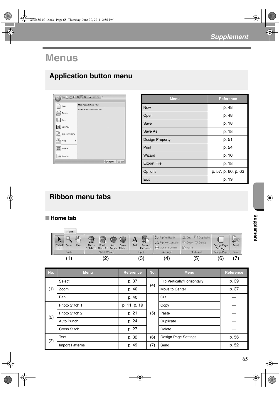 Menus, Application button menu ribbon menu tabs, Supplement | Home tab | Brother PE-DESIGN PLUS User Manual | Page 67 / 80