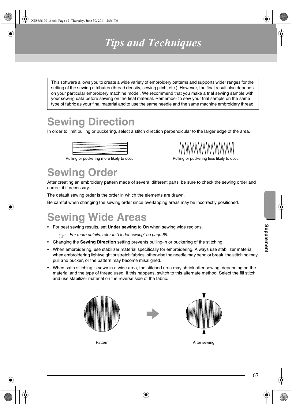 Tips and techniques, Sewing direction, Sewing order | Sewing wide areas | Brother PE-DESIGN PLUS User Manual | Page 69 / 80