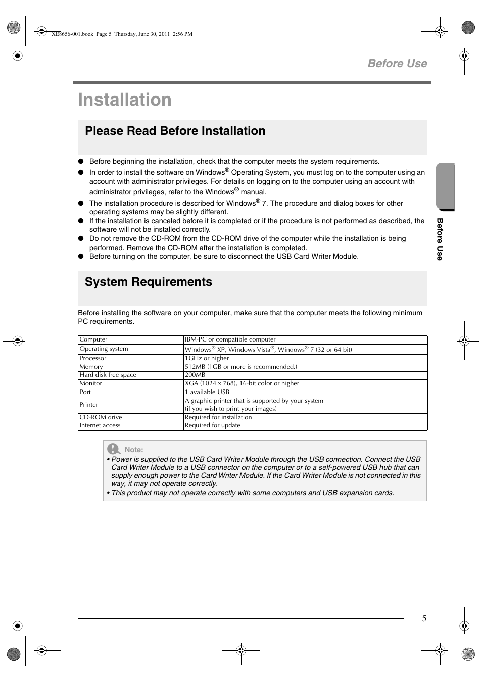 Installation, Please read before installation, System requirements | Before use | Brother PE-DESIGN PLUS User Manual | Page 7 / 80