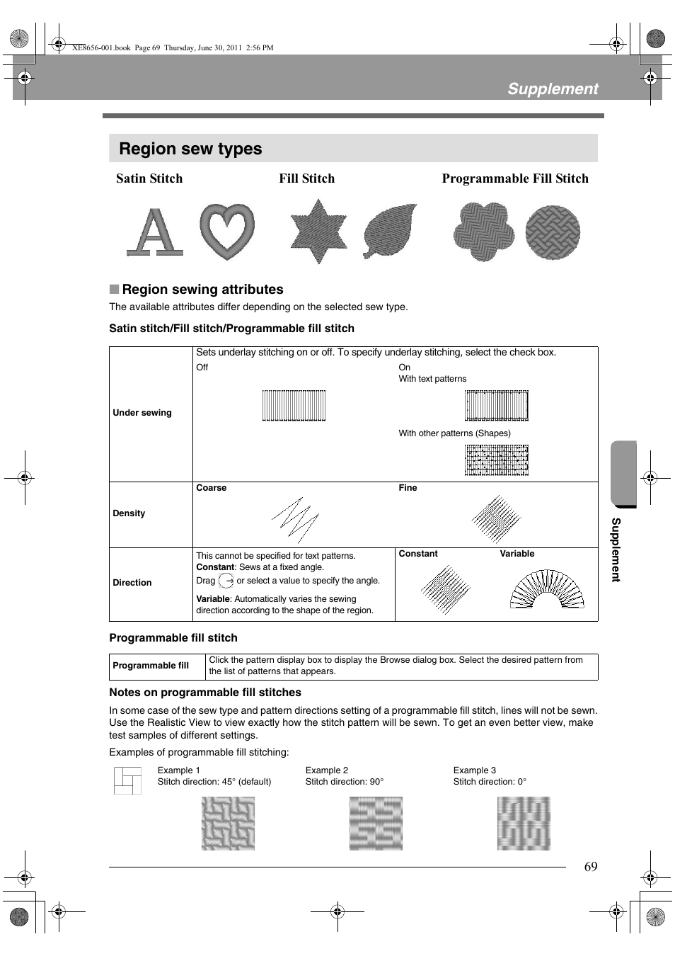 Region sew types, Supplement, Region sewing attributes | Satin stitch fill stitch programmable fill stitch | Brother PE-DESIGN PLUS User Manual | Page 71 / 80