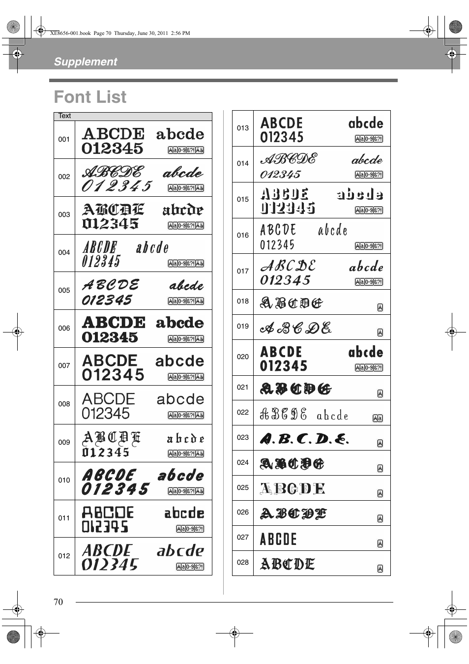 Font list, Supplement | Brother PE-DESIGN PLUS User Manual | Page 72 / 80