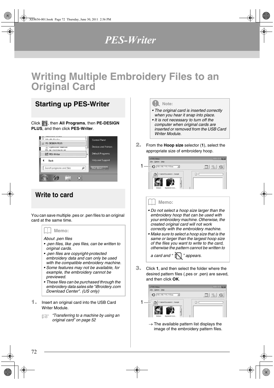 Pes-writer, Starting up pes-writer, Write to card | Brother PE-DESIGN PLUS User Manual | Page 74 / 80