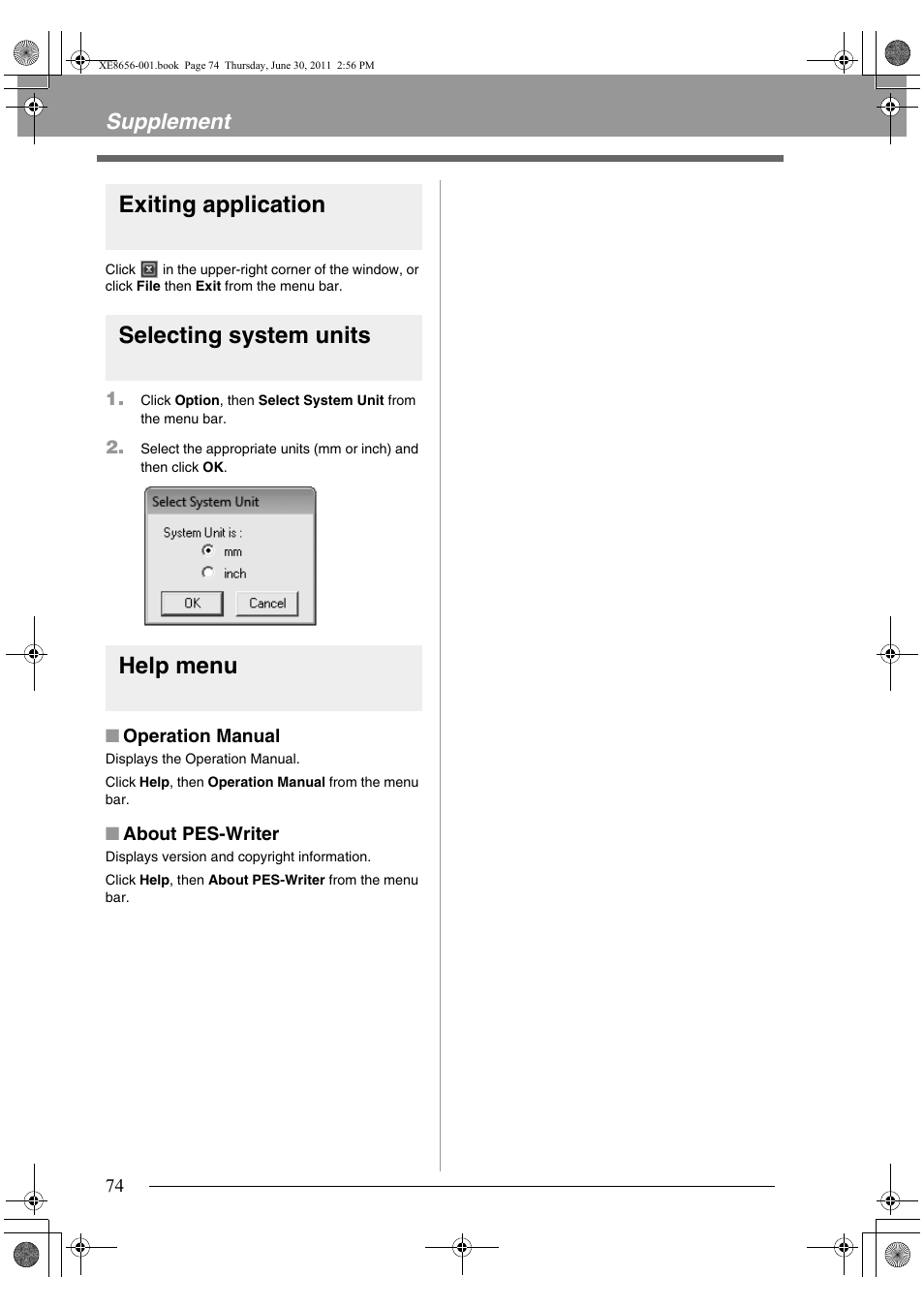 Exiting application, Selecting system units, Help menu | Supplement | Brother PE-DESIGN PLUS User Manual | Page 76 / 80