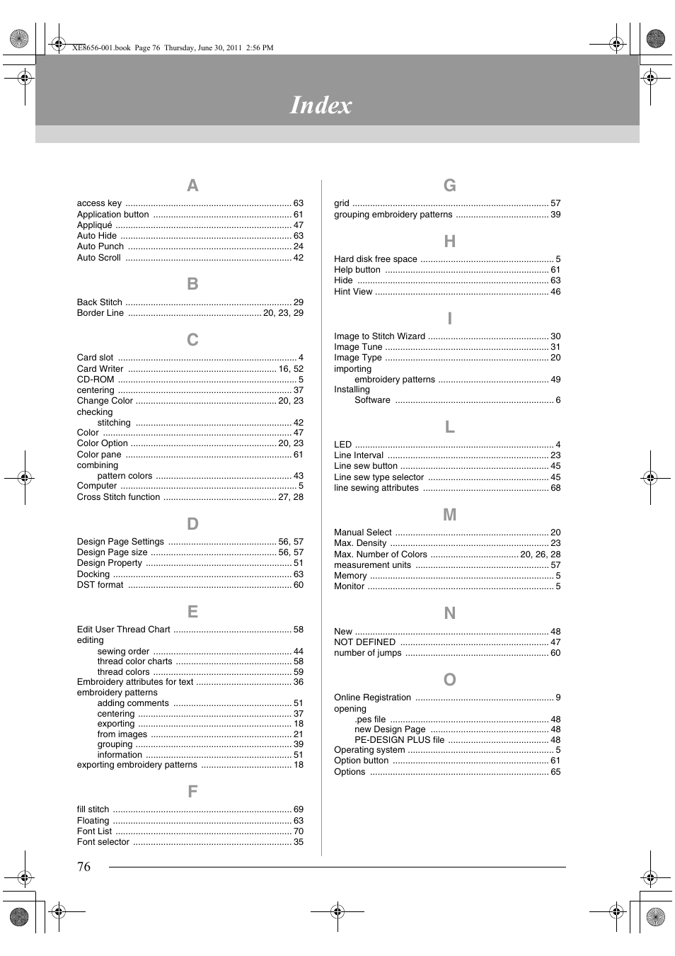 Index | Brother PE-DESIGN PLUS User Manual | Page 78 / 80
