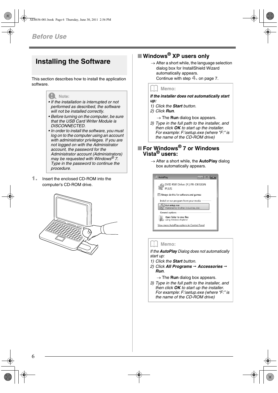 Installing the software, Before use | Brother PE-DESIGN PLUS User Manual | Page 8 / 80