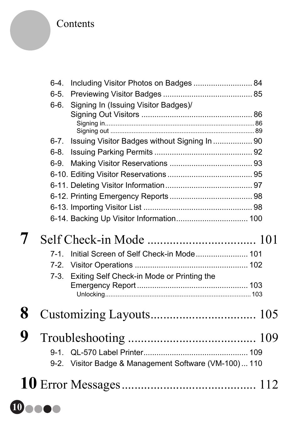 Self check-in mode, Customizing layouts, Troubleshooting | Error messages | Brother QL-570VM User Manual | Page 10 / 118