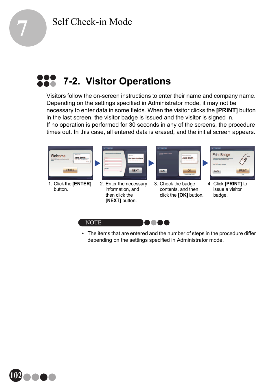 2. visitor operations, Self check-in mode | Brother QL-570VM User Manual | Page 102 / 118