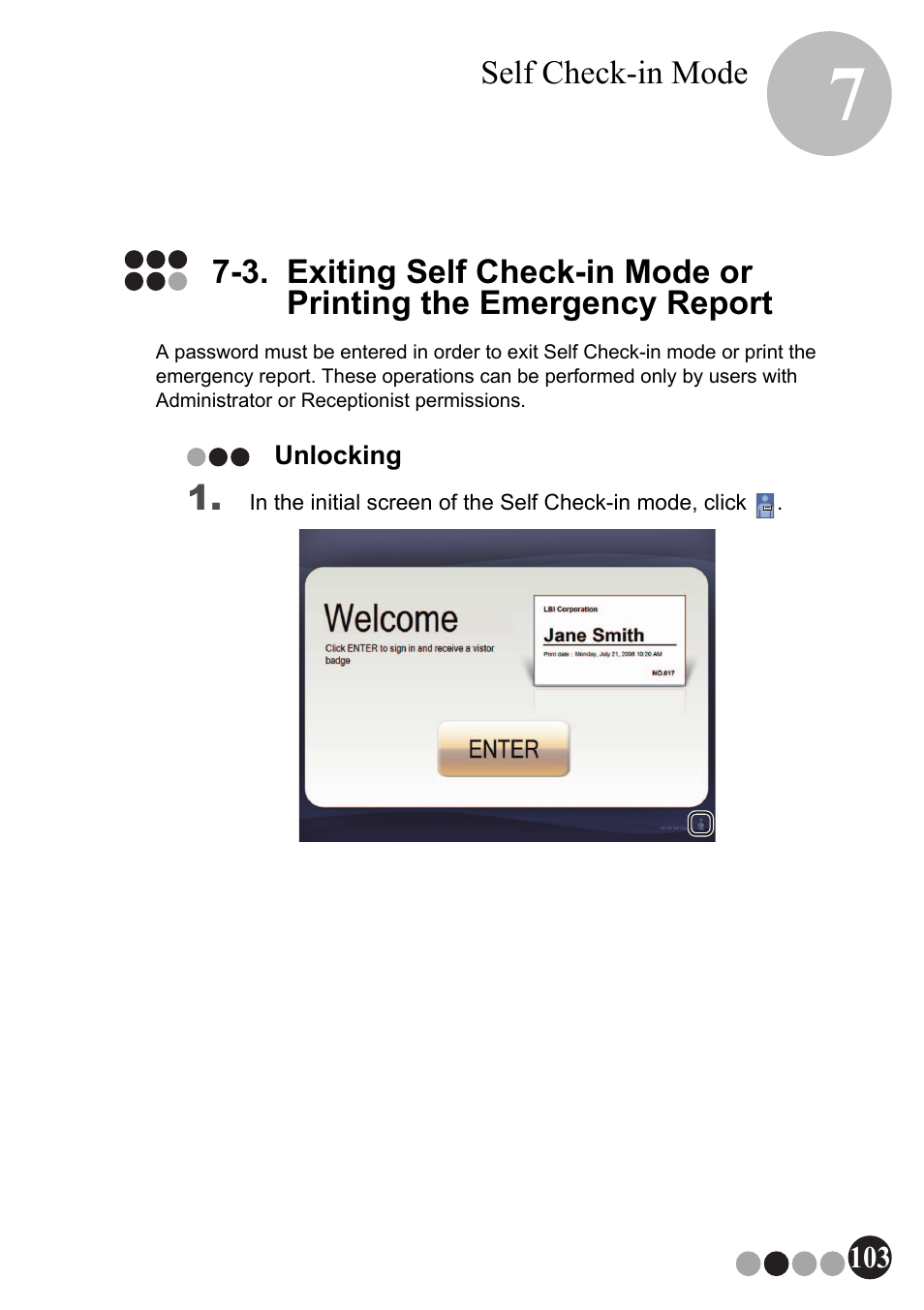 3. exiting self check-in mode or printing the, Emergency report, Unlocking | Brother QL-570VM User Manual | Page 103 / 118