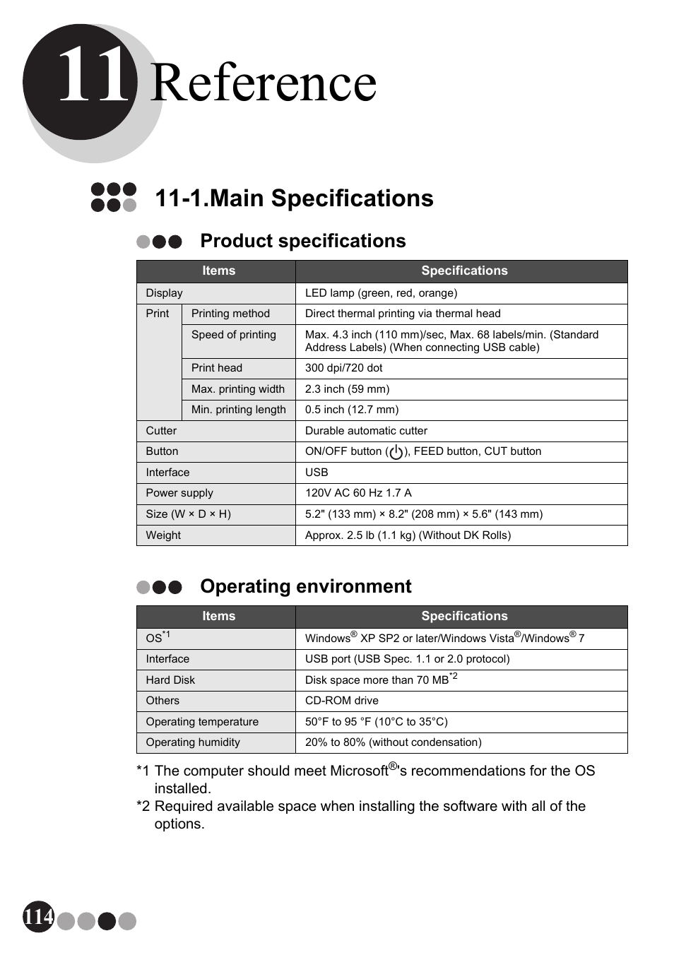 Reference, 1. main specifications, Product specifications operating environment | 1.main specifications | Brother QL-570VM User Manual | Page 114 / 118