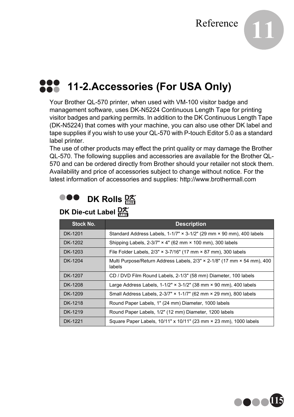 2. accessories (for usa only), Dk rolls, Reference | 2.accessories (for usa only) | Brother QL-570VM User Manual | Page 115 / 118