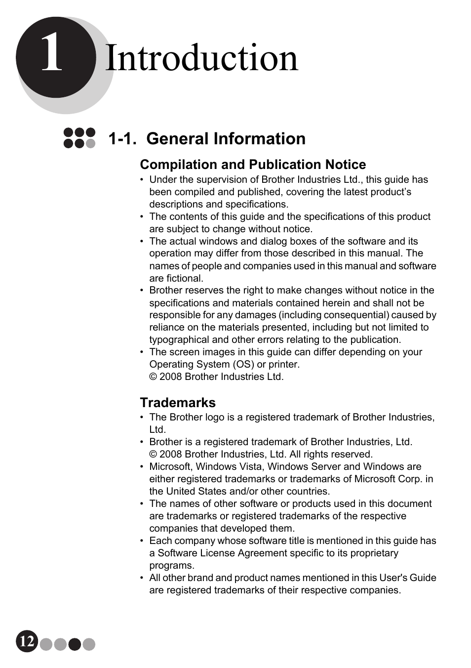 Introduction, 1. general information, Compilation and publication notice trademarks | Brother QL-570VM User Manual | Page 12 / 118