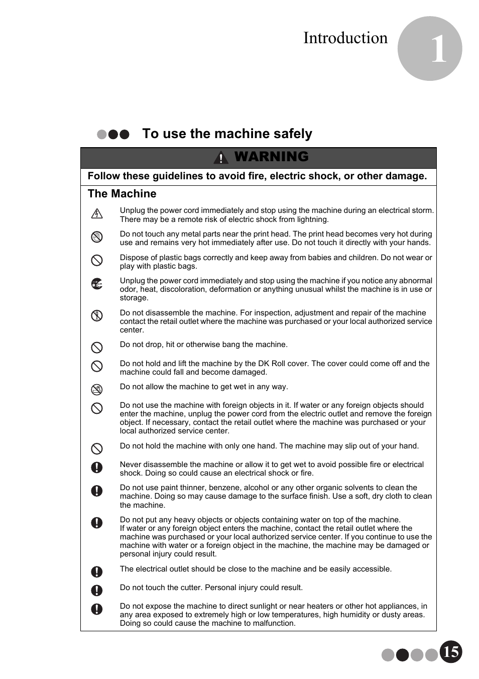 To use the machine safely, Introduction, The machine | Brother QL-570VM User Manual | Page 15 / 118