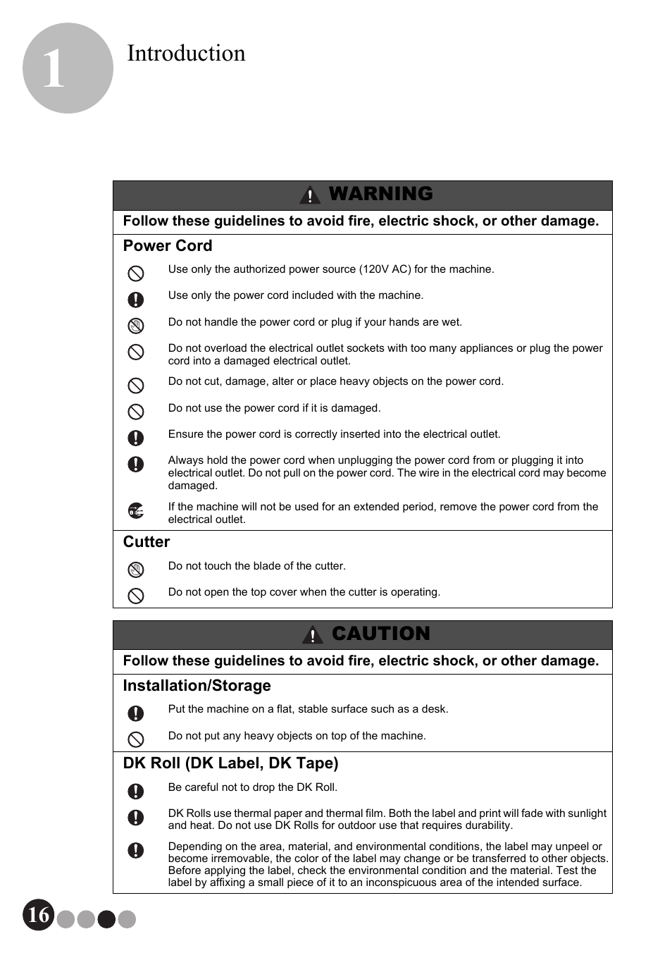 Introduction, Caution, Warning | Brother QL-570VM User Manual | Page 16 / 118