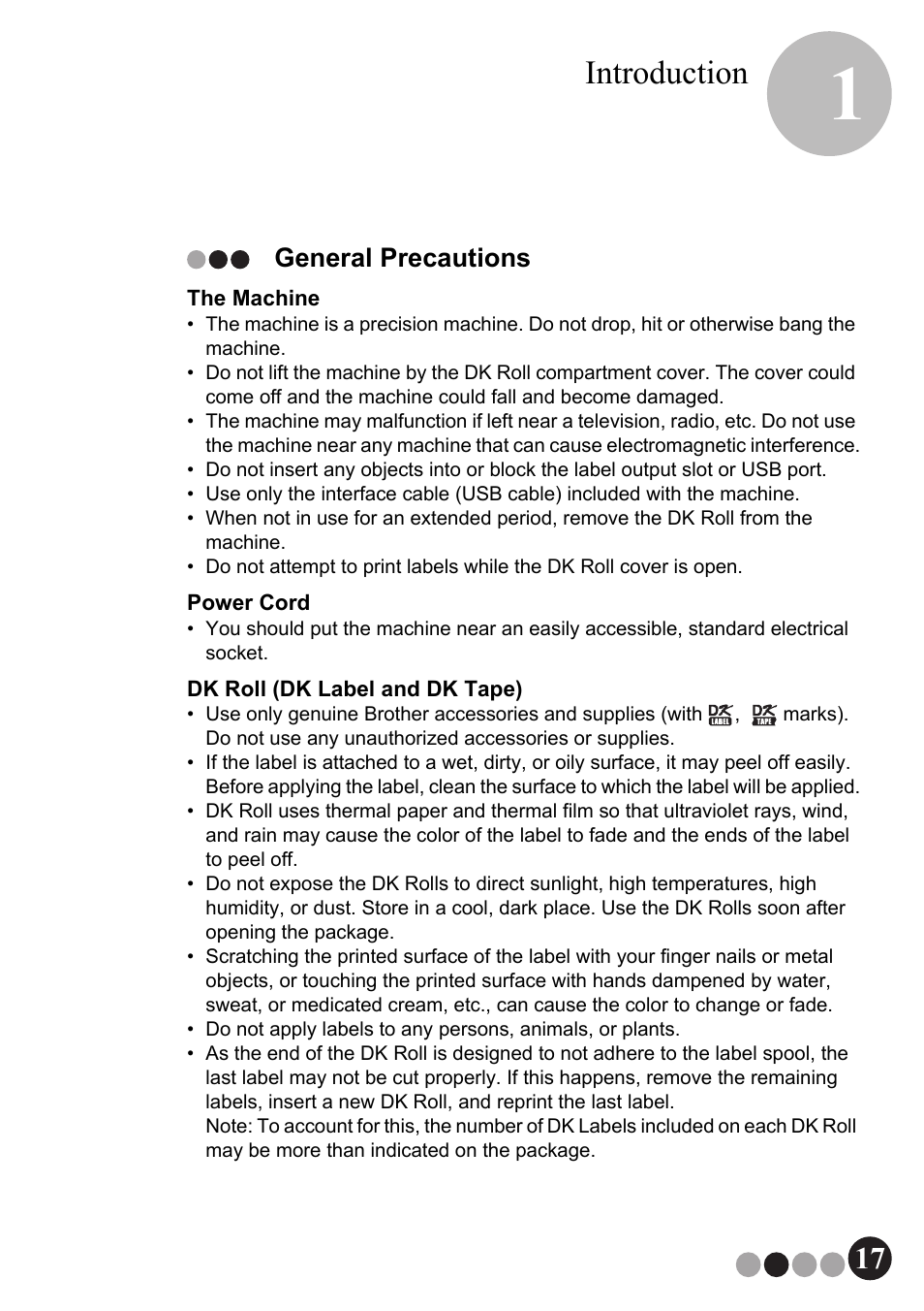 General precautions, Introduction | Brother QL-570VM User Manual | Page 17 / 118