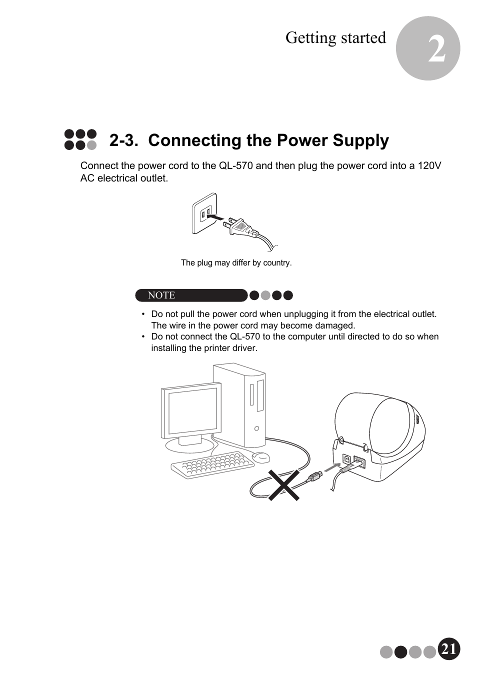 3. connecting the power supply, Getting started | Brother QL-570VM User Manual | Page 21 / 118