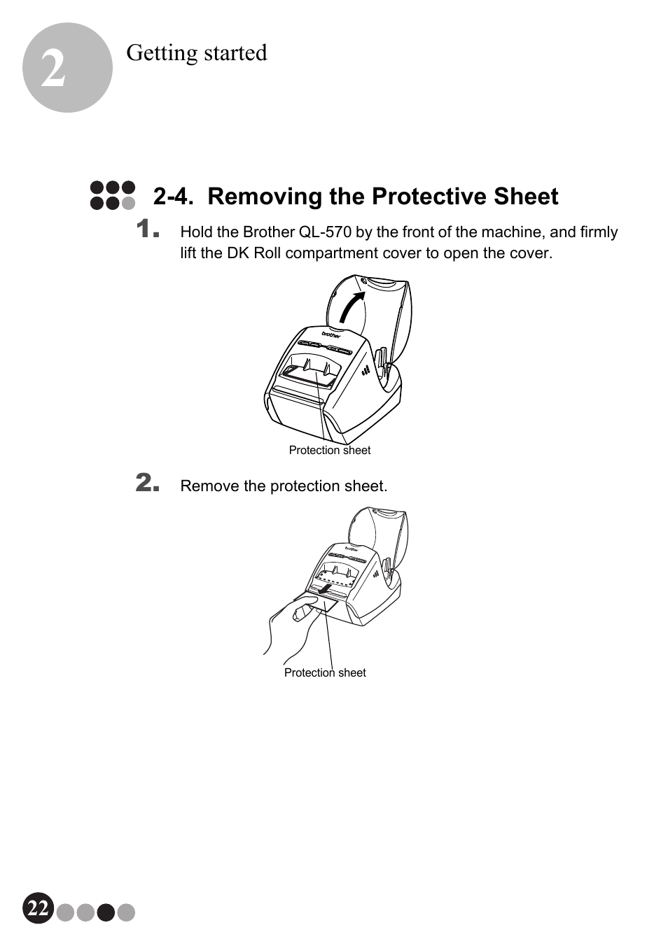 4. removing the protective sheet | Brother QL-570VM User Manual | Page 22 / 118