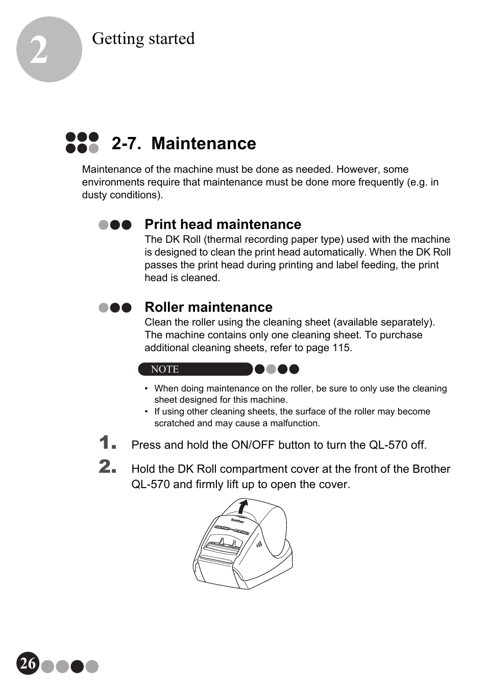 7. maintenance, Print head maintenance roller maintenance, Getting started | Brother QL-570VM User Manual | Page 26 / 118