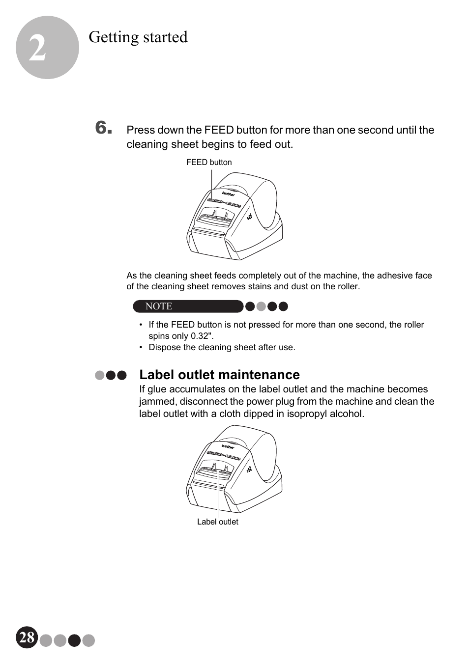 Label outlet maintenance, Getting started | Brother QL-570VM User Manual | Page 28 / 118