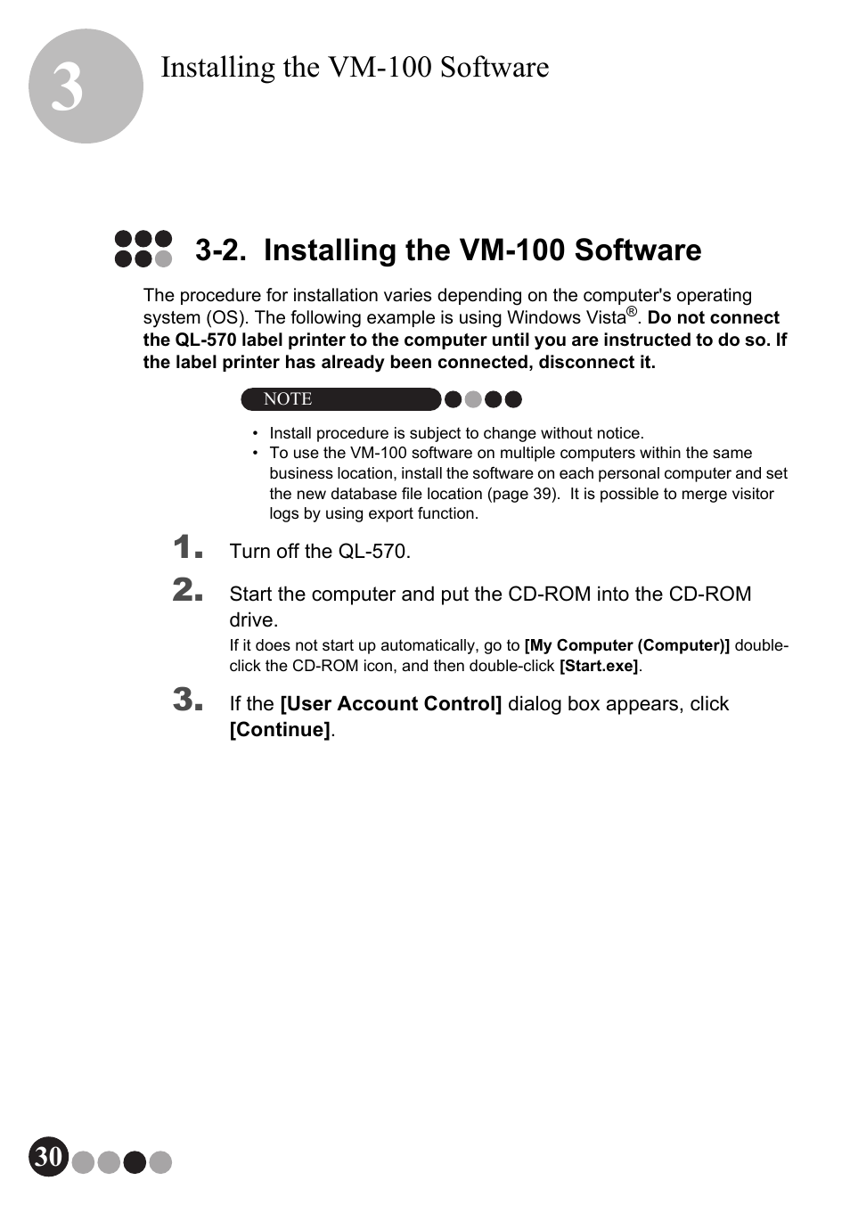 2. installing the vm-100 software, Installing the vm-100 software | Brother QL-570VM User Manual | Page 30 / 118