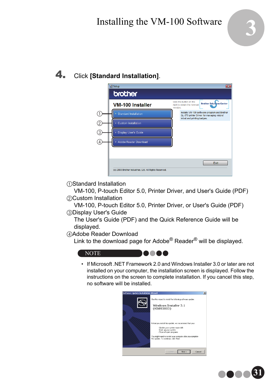 Installing the vm-100 software | Brother QL-570VM User Manual | Page 31 / 118