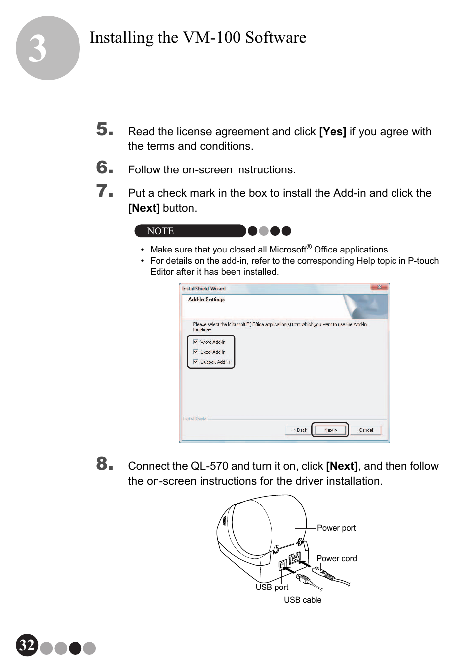 Installing the vm-100 software | Brother QL-570VM User Manual | Page 32 / 118