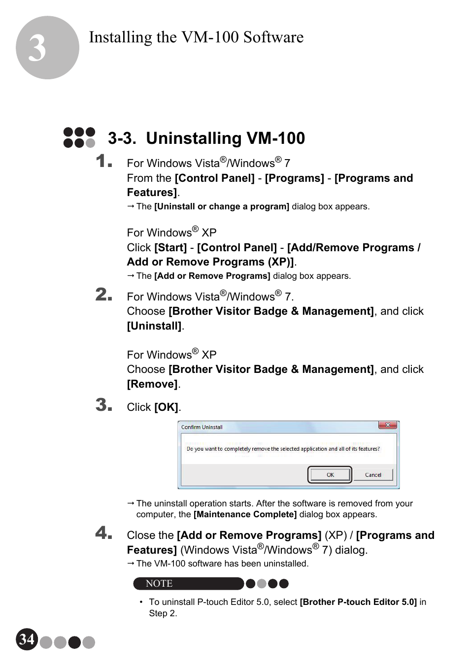 3. uninstalling vm-100, Installing the vm-100 software | Brother QL-570VM User Manual | Page 34 / 118