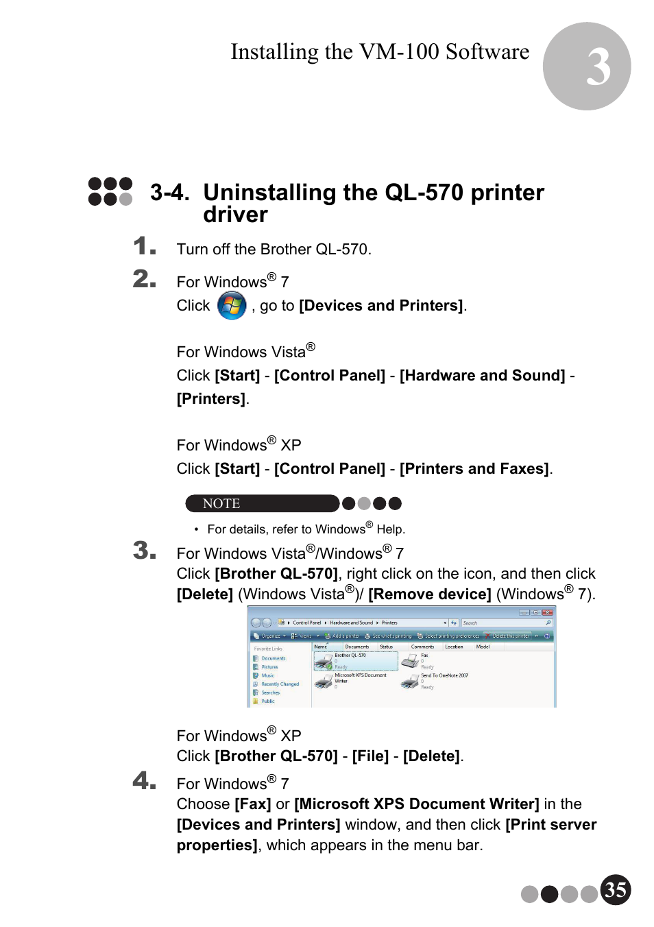 4. uninstalling the ql-570 printer driver, Installing the vm-100 software | Brother QL-570VM User Manual | Page 35 / 118