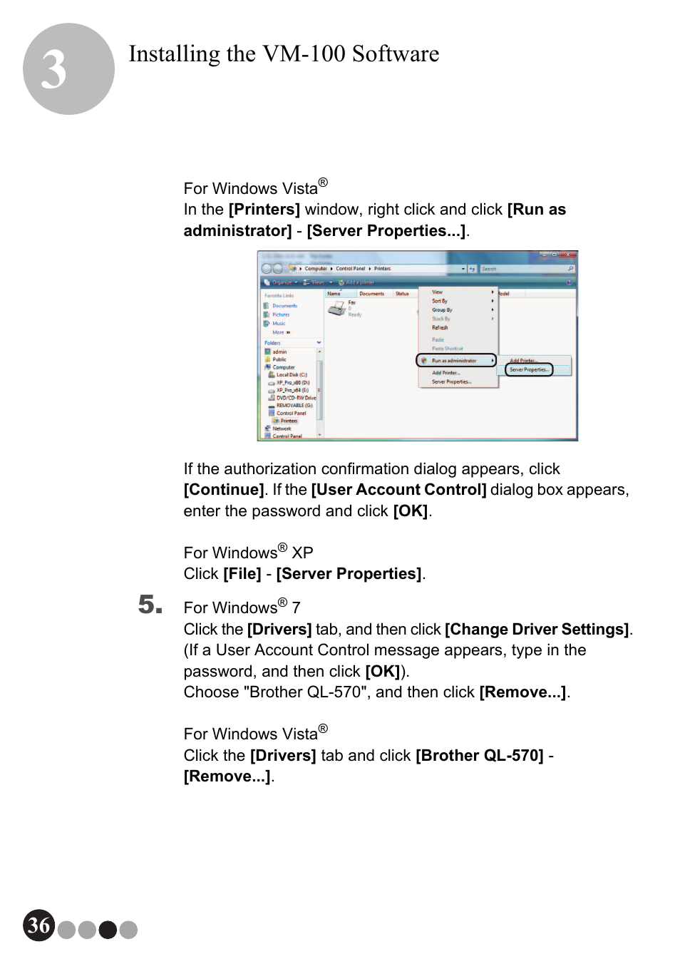 Installing the vm-100 software | Brother QL-570VM User Manual | Page 36 / 118