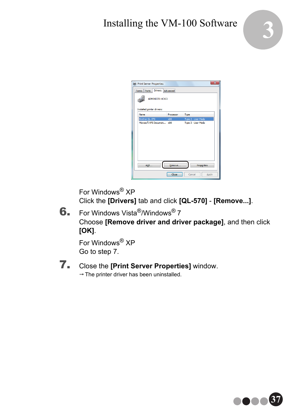 Installing the vm-100 software | Brother QL-570VM User Manual | Page 37 / 118